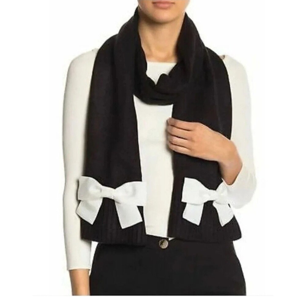 Kate Spade NY Womens Knit Scarf Black Solid Ivory Bow Neck Warmer Old Money Cozy